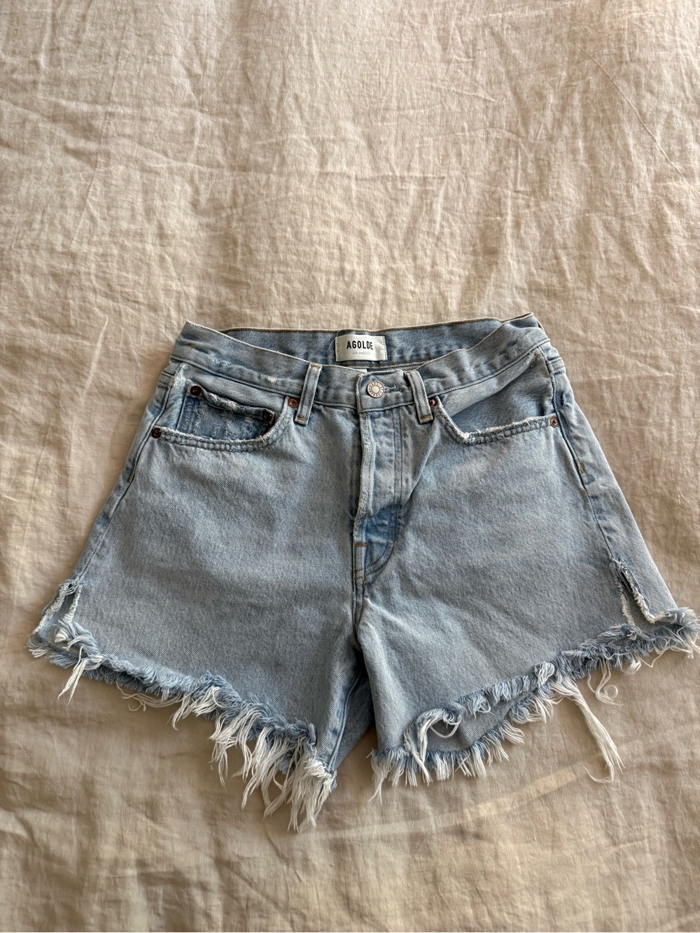Agolde Light Blue Distressed Frayed Hem Denim Shorts